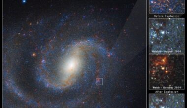 The main image is a combined Hubble/JWST image of a supernova in NGC 1637. The remaining three panels are zoom-ins that show a detailed view of a red supergiant star before and after it exploded. The star is not visible in the Hubble image before the explosion, but appears in the Webb image. The July 2025 view from Hubble shows the glowing aftermath of the explosion. Image Credit: NASA, ESA, CSA, STScI, C. Kilpatrick (Northwestern), A. Suresh (Northwestern); Image Processing: J. DePasquale (STScI)