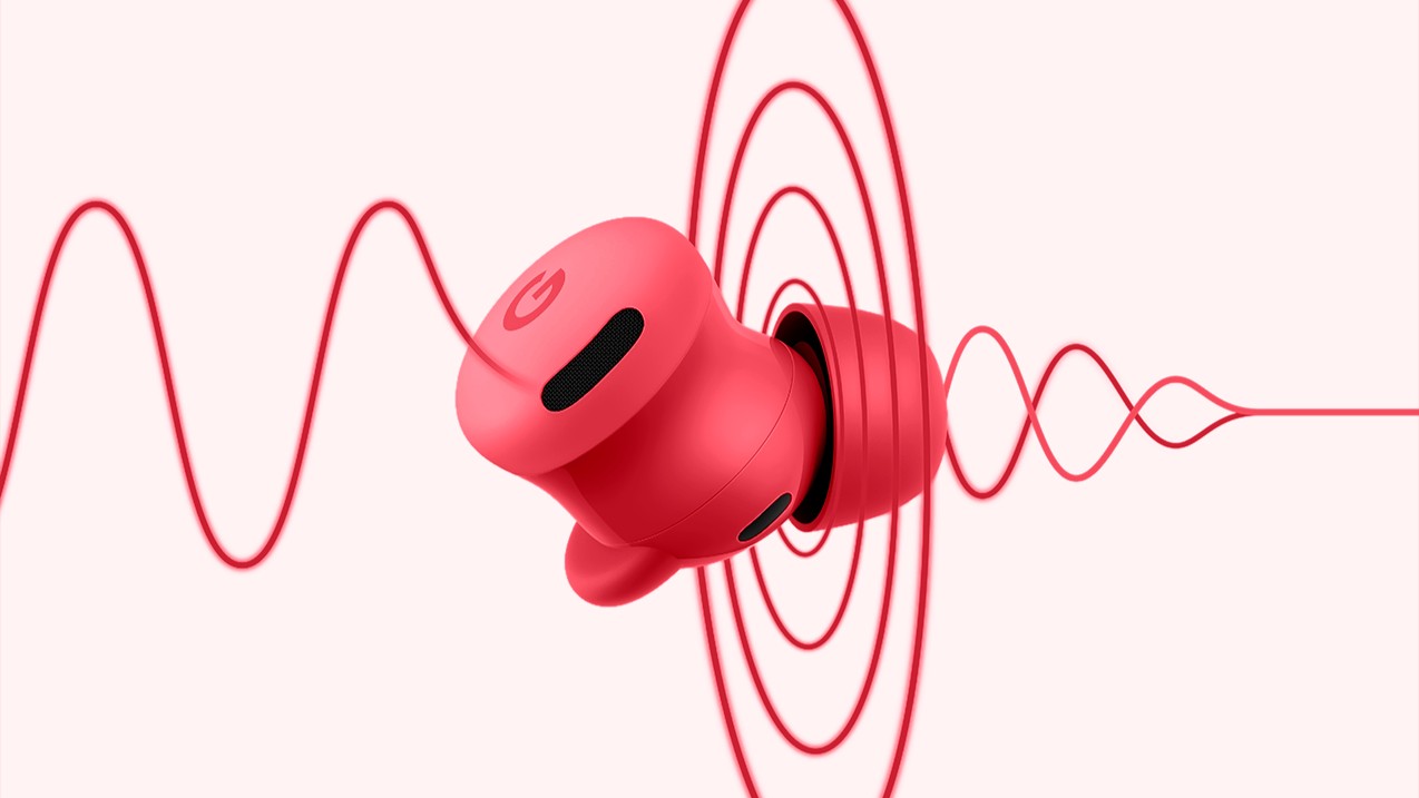 The Pixel Buds 2a in the Berry colorway with visual sound waves emanating from them