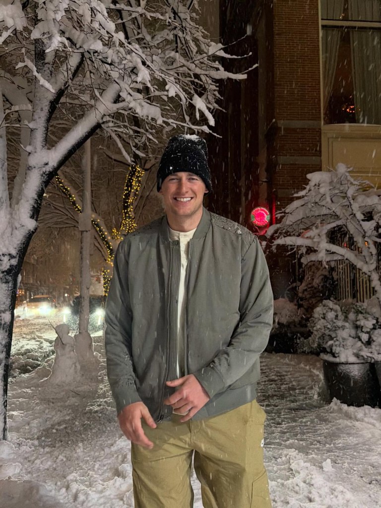 Mac Jones was seen throwing a few snowballs in the wild scene that enveloped the iconic New York space.