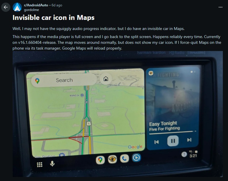 Android Auto users see their vehicle icon vanish in Google Maps during navigation.