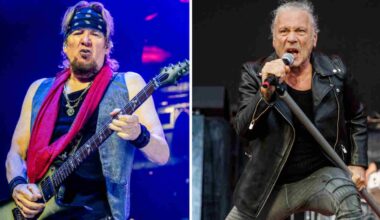 Iron Maiden&rsquo;s Adrian Smith and Bruce Dickinson performing onstage