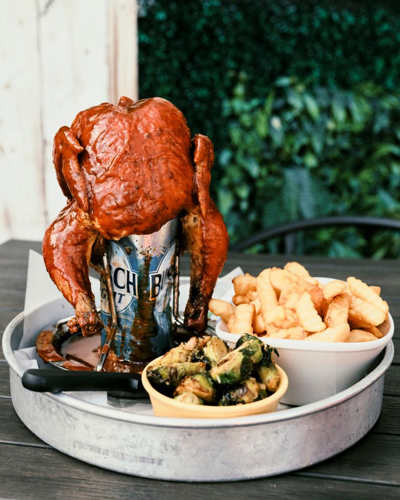 Beer Can Chicken is served at Cocoa Beach Fish Camp Grill. In the 1960s the building was the Polaris Motel and its bar was a favorite among astronauts.