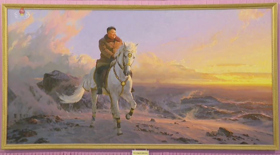Painting of Kim Jong Un riding a white horse at Mount Paektu.