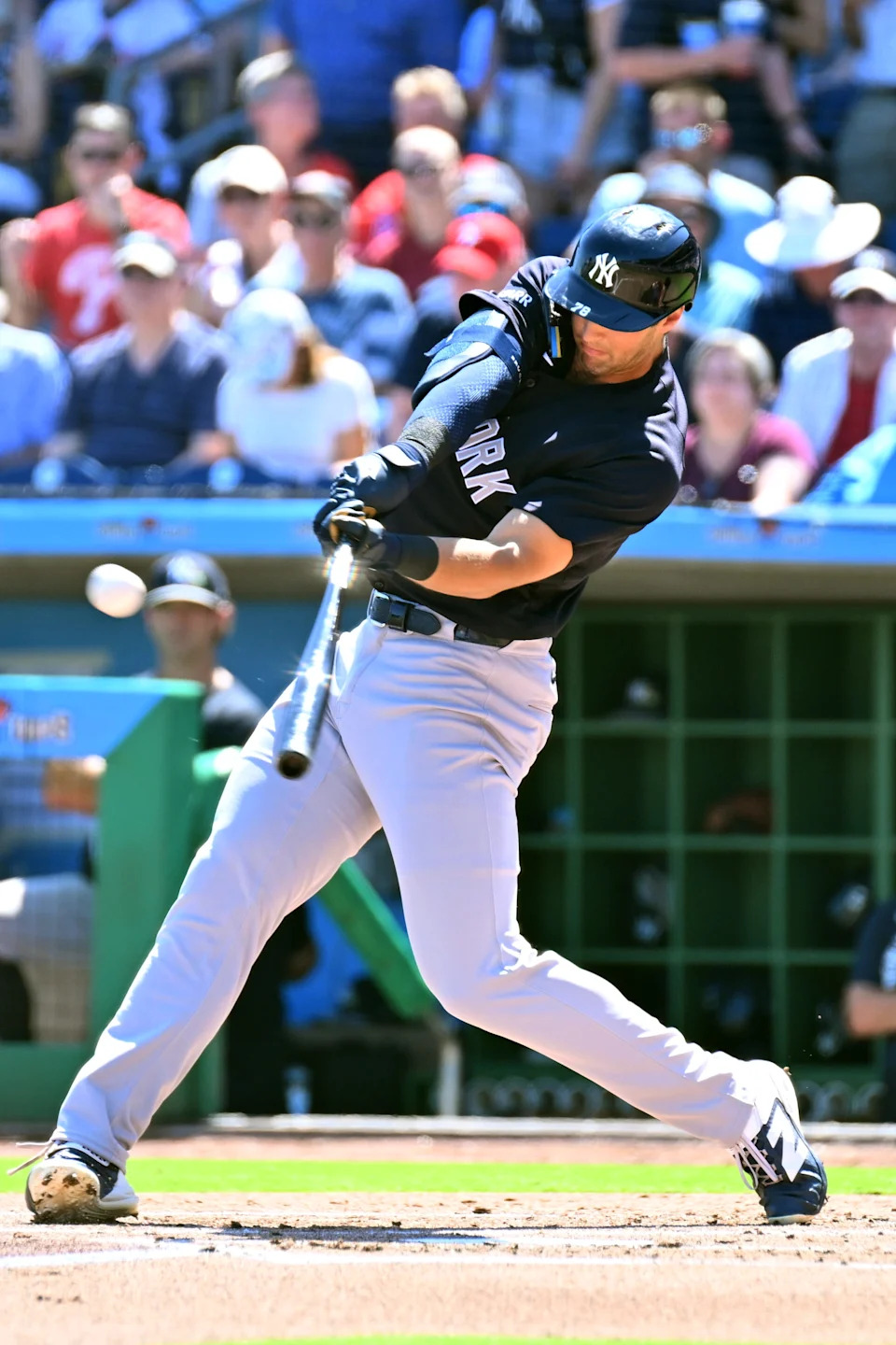 Mar 10, 2026; Clearwater, Florida, USA; New York Yankees center fielder Spencer Jones (78) hits a solo home run in the second inning against the Philadelphia Phillies during spring training at BayCare Ballpark. Mandatory Credit: Jonathan Dyer-Imagn Images