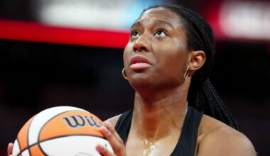 Indiana Fever forward Aliyah Boston (7) warms up before a game against the Las Vegas Aces on Sunday, Sept. 28, 2025, at Gainbridge Fieldhouse in Indianapolis.