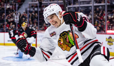 Dec 20, 2025; Ottawa, Ontario, CAN; Chicago Blackhawks right wing Ilya Mikheyev (96) celebrates his goal against Ottawa Senators goalie Leevi Merilainen (1)) in the second period at the Canadian Tire Centre. Mandatory Credit: Marc DesRosiers-IMAGN Images