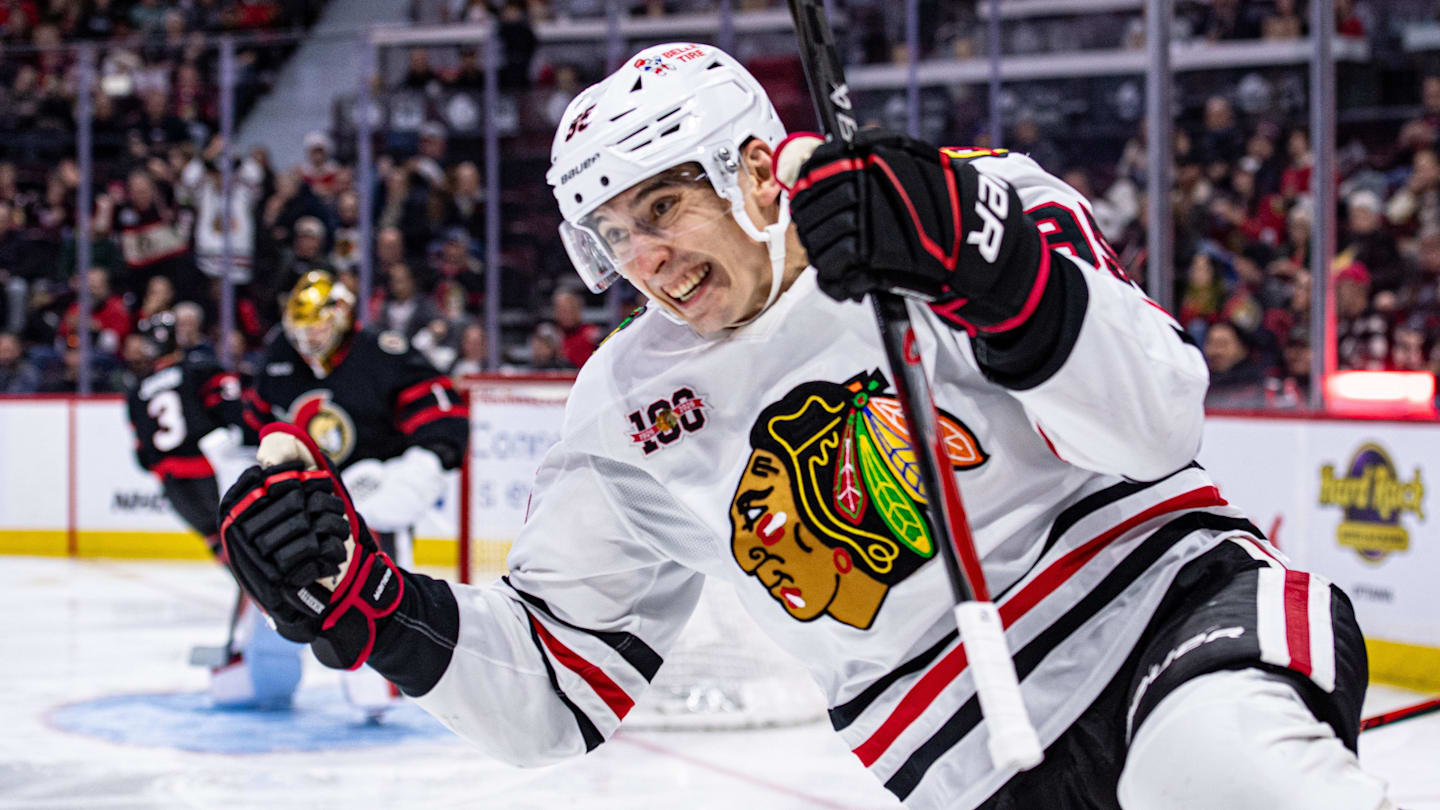 Dec 20, 2025; Ottawa, Ontario, CAN; Chicago Blackhawks right wing Ilya Mikheyev (96) celebrates his goal against Ottawa Senators goalie Leevi Merilainen (1)) in the second period at the Canadian Tire Centre. Mandatory Credit: Marc DesRosiers-IMAGN Images