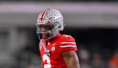 Dec 31, 2025; Arlington, TX, USA; Ohio State Buckeyes safety Caleb Downs (2) gets into position during the 2025 Cotton Bowl and quarterfinal game of the College Football Playoff at AT&T Stadium. Mandatory Credit: Jerome Miron-Imagn Images