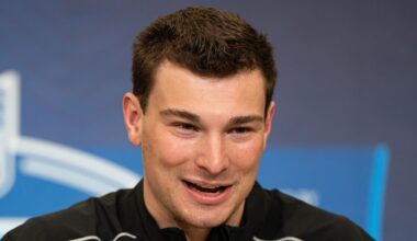 Feb 27, 2026; Indianapolis, IN, USA; Indiana quarterback Fernando Mendoza (QB11) speaks to members of the media during the NFL Combine at the Indiana Convention Center. Mandatory Credit: Jacob Musselman-Imagn Images