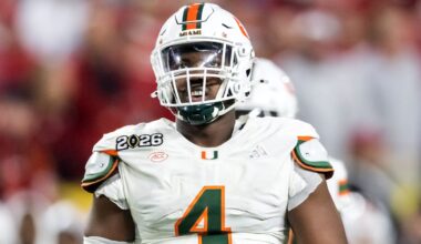 Jan 19, 2026; Miami Gardens, FL, USA; Miami Hurricanes defensive lineman Rueben Bain Jr. (4) against the Indiana Hoosiers during the College Football Playoff National Championship game at Hard Rock Stadium. Mandatory Credit: Mark J. Rebilas-Imagn Images