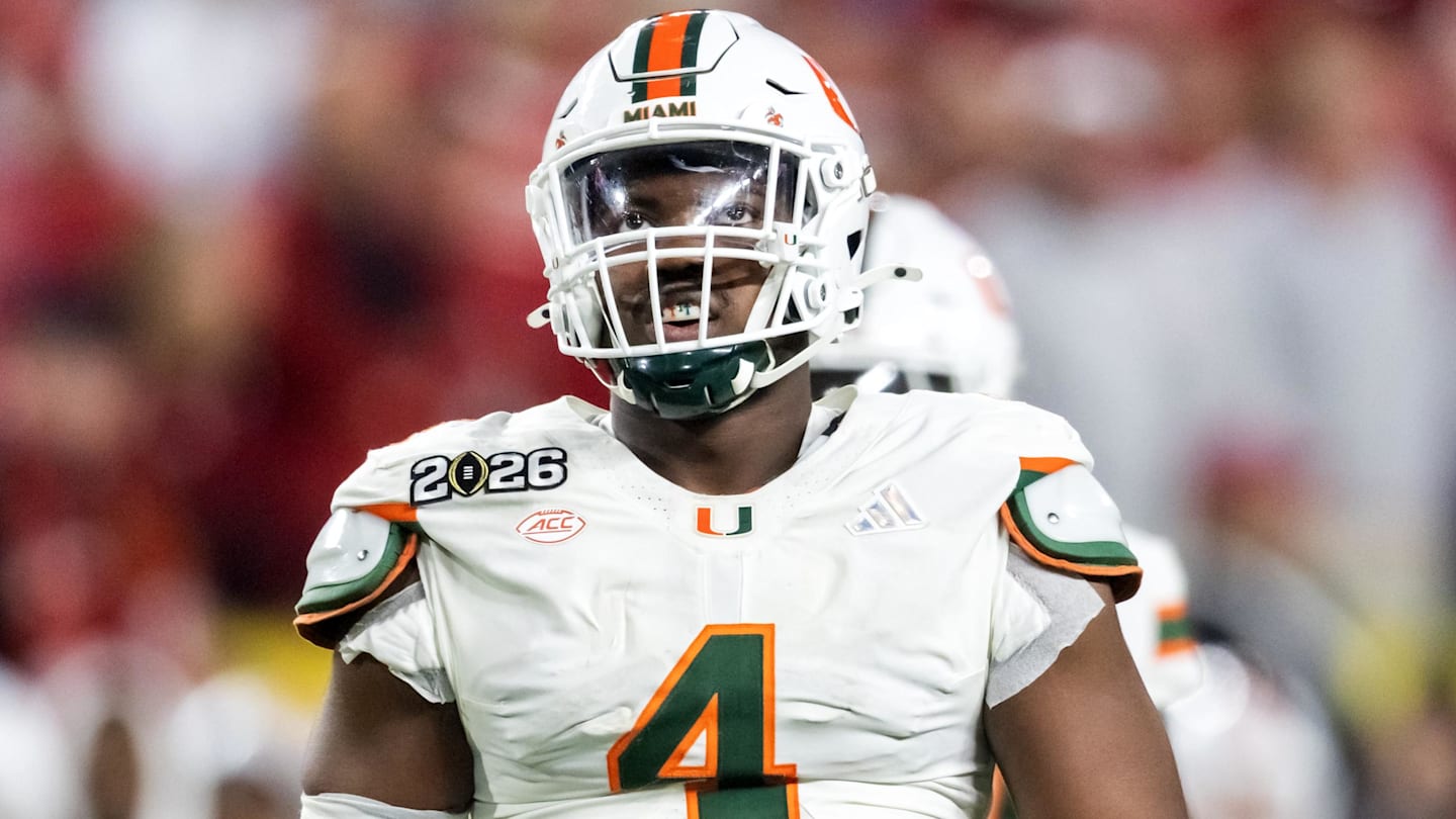 Jan 19, 2026; Miami Gardens, FL, USA; Miami Hurricanes defensive lineman Rueben Bain Jr. (4) against the Indiana Hoosiers during the College Football Playoff National Championship game at Hard Rock Stadium. Mandatory Credit: Mark J. Rebilas-Imagn Images