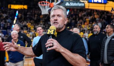 Michigan football head coach Kyle Whittingham speaks as he is being introduced on the floor during the first half between Michigan and USC at Crisler Center in Ann Arbor on Friday, Jan. 2, 2026.