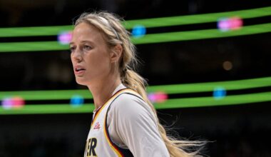 Aug 1, 2025; Dallas, Texas, USA; Indiana Fever guard Sophie Cunningham (8) in action during the game between the Dallas Wings and the Indiana Fever at the American Airlines Center. Mandatory Credit: Jerome Miron-Imagn Images