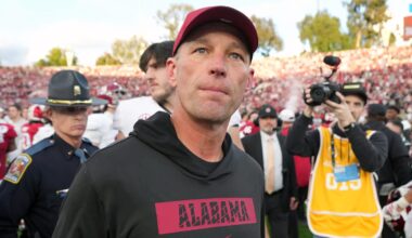 Jan 1, 2026; Pasadena, CA, USA; Alabama Crimson Tide head coach Kalen Deboer leaves the field after the 2026 Rose Bowl and quarterfinal game of the College Football Playoff against the Indiana Hoosiers at Rose Bowl Stadium. Mandatory Credit: Kirby Lee-Imagn Images