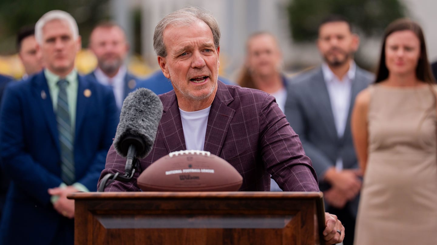 Jimbo Fisher, who won a National Championship title as head coach at Florida State University, speaks at a press conference in support of HB 731, which was created to increase coaches pay in Florida schools, Wednesday, Feb. 18, 2026.