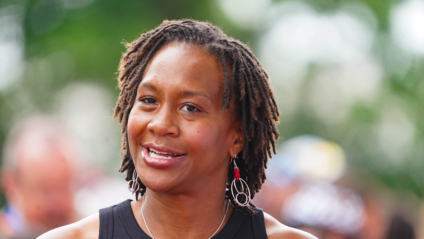 May 26, 2024; Indianapolis, IN, USA; Retired WNBA player Tamika Catchings walks the celebrity red carpet on Sunday, May 26, 2024, during the 108th running of the Indianapolis 500 at Indianapolis Motor Speedway. Mandatory Credit: Michelle Pemberton-Imagn Images