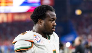 Jan 8, 2026; Glendale, AZ, USA; Miami Hurricanes defensive lineman Rueben Bain Jr. (4) against the Mississippi Rebels during the 2026 Fiesta Bowl and semifinal game of the College Football Playoff at State Farm Stadium. Mandatory Credit: Mark J. Rebilas-Imagn Images