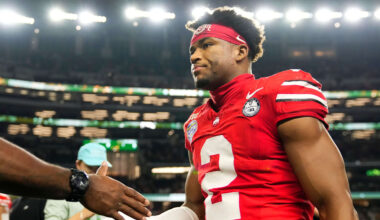 Ohio State Buckeyes defensive back Caleb Downs (2) leaves the field following the Cotton Bowl at AT&T Stadium in Arlington, Texas for the College Football Playoff quarterfinal game against the Miami Hurricanes on Dec. 31, 2025. Ohio State lost 24-14.