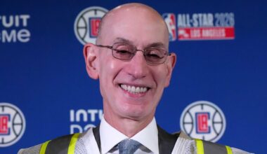 Jan 16, 2024; Inglewood, California, USA; NBA commissioner Adam Silver at a press conference to announce the Intuit Dome as the site of the 2026 NBA All-Star Game. Mandatory Credit: Kirby Lee-Imagn Images