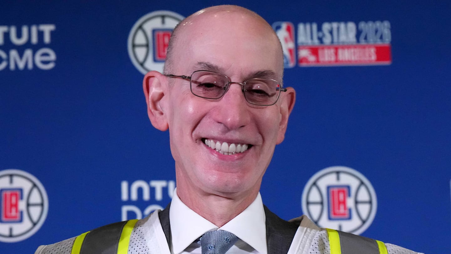 Jan 16, 2024; Inglewood, California, USA; NBA commissioner Adam Silver at a press conference to announce the Intuit Dome as the site of the 2026 NBA All-Star Game. Mandatory Credit: Kirby Lee-Imagn Images