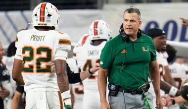 Miami Hurricanes head coach Mario Cristobal reacts beside linebacker Cameron Pruitt (22) during the Cotton Bowl at AT&T Stadium in Arlington, Texas for the College Football Playoff quarterfinal game against the Ohio State Buckeyes on Dec. 31, 2025.