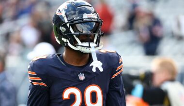 Nov 10, 2024; Chicago, Illinois, USA; Chicago Bears cornerback Tyrique Stevenson (29) practices before the game against the New England Patriots at Soldier Field. Mandatory