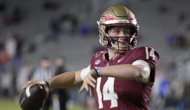 Nov 30, 2024; Tallahassee, Florida, USA; Florida State Seminoles quarterback Luke Kromenhoek (14) before a game against the Florida Gators at Doak S. Campbell Stadium. Mandatory Credit: Melina Myers-Imagn Images