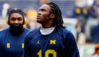 Michigan quarterback Bryce Underwood (19) looks on after warms up at Michigan Stadium in Ann Arbor on Saturday, Nov. 29, 2025.