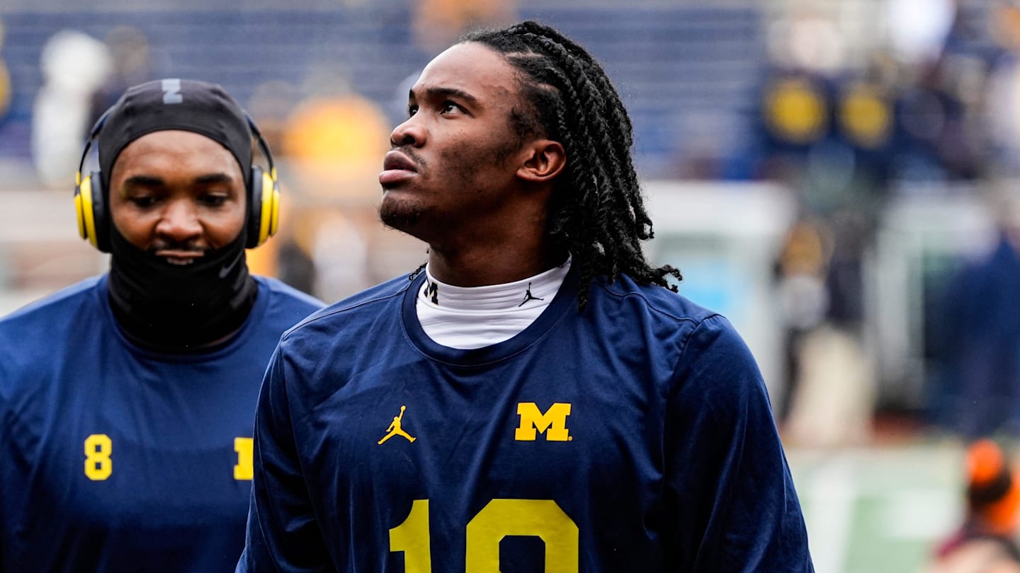 Michigan quarterback Bryce Underwood (19) looks on after warms up at Michigan Stadium in Ann Arbor on Saturday, Nov. 29, 2025.