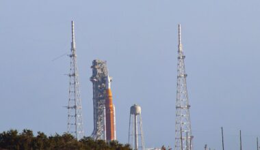 The Artemis II moon rocket is seen at Launch Pad 39B at the Kennedy Space Center on Friday, Feb. 13, 2026. (Spectrum News/Anthony Leone)