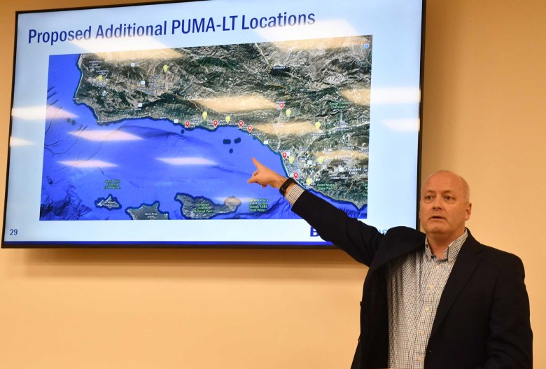 Kent Gee from the Brigham Young University Physics Department and lead researcher into noise caused by rocket launches, speaks in Lompoc recently about sensors placed around Santa Barbara and Ventura counties.