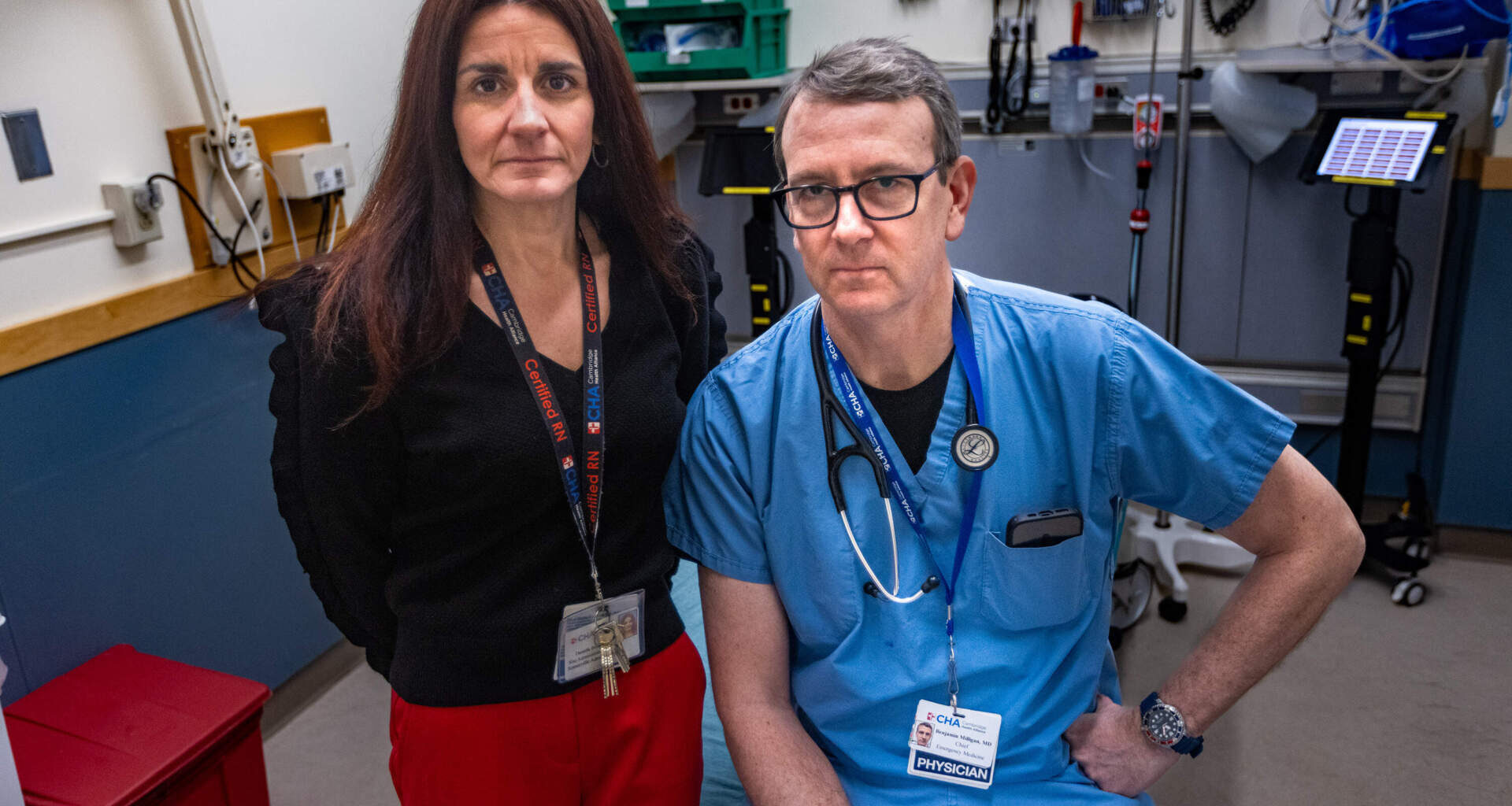 Nursing leader Danielle Bobek and Dr. Benjamin Milligan at the Emergency Department at Cambridge Hospital, part of Cambridge Health Alliance. (Jesse Costa/WBUR)