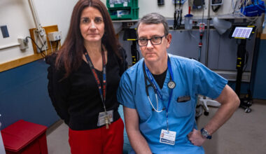 Nursing leader Danielle Bobek and Dr. Benjamin Milligan at the Emergency Department at Cambridge Hospital, part of Cambridge Health Alliance. (Jesse Costa/WBUR)