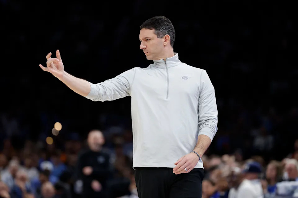 Mar 9, 2026; Oklahoma City, Oklahoma, USA; Oklahoma City Thunder Head Coach Mark Daigneault gestures to his team during a play against the Denver Nuggets during the second half at Paycom Center. Mandatory Credit: Alonzo Adams-Imagn Images