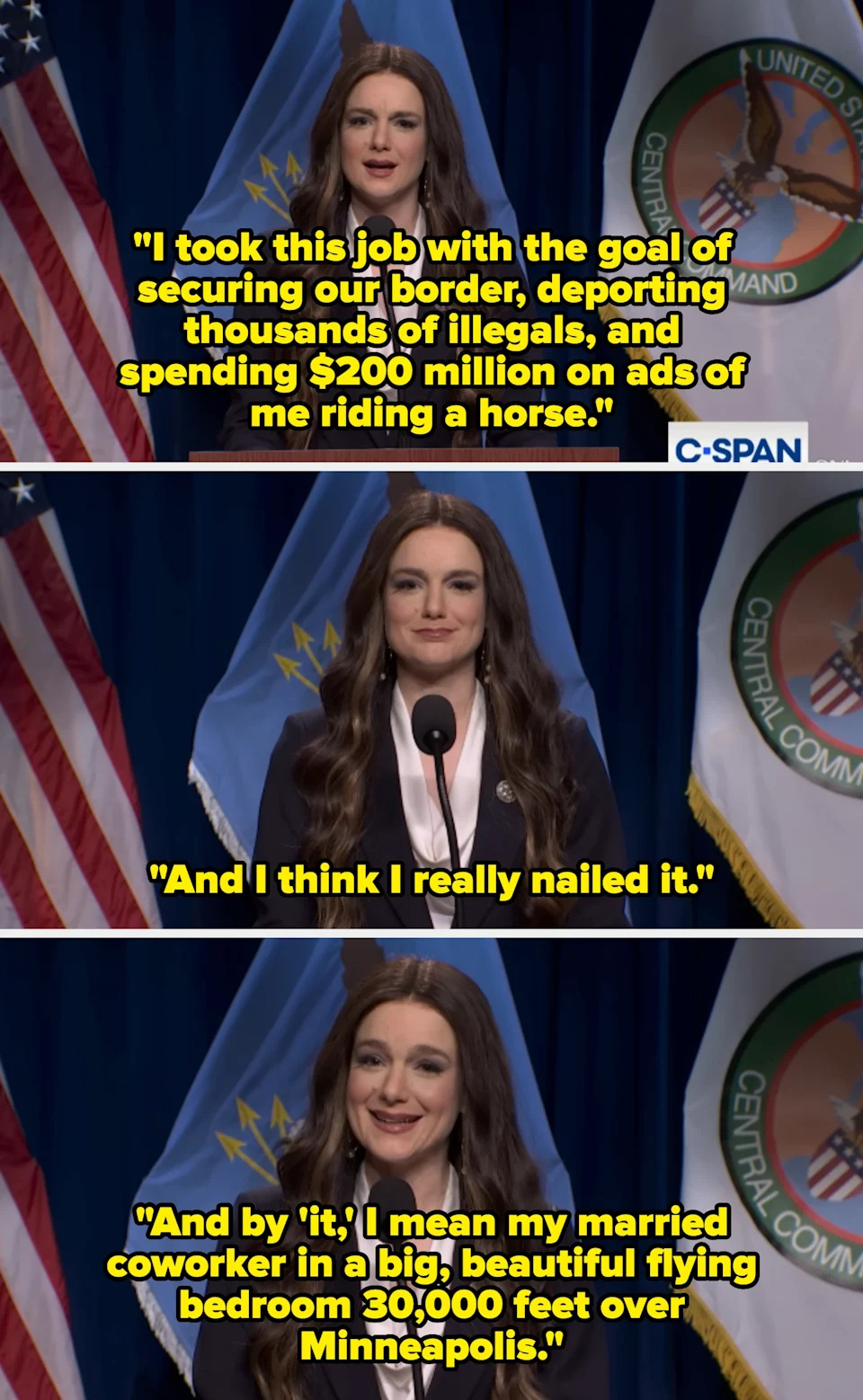 A person humorously discusses job achievements, mentioning border security, deportation, spending on ads, and a personal anecdote about a coworker