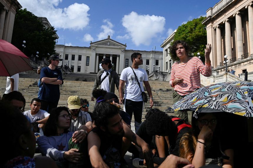 A student speaks outside the University of Havana during a protest against class disruptions amid energy and internet shortages on March 9.