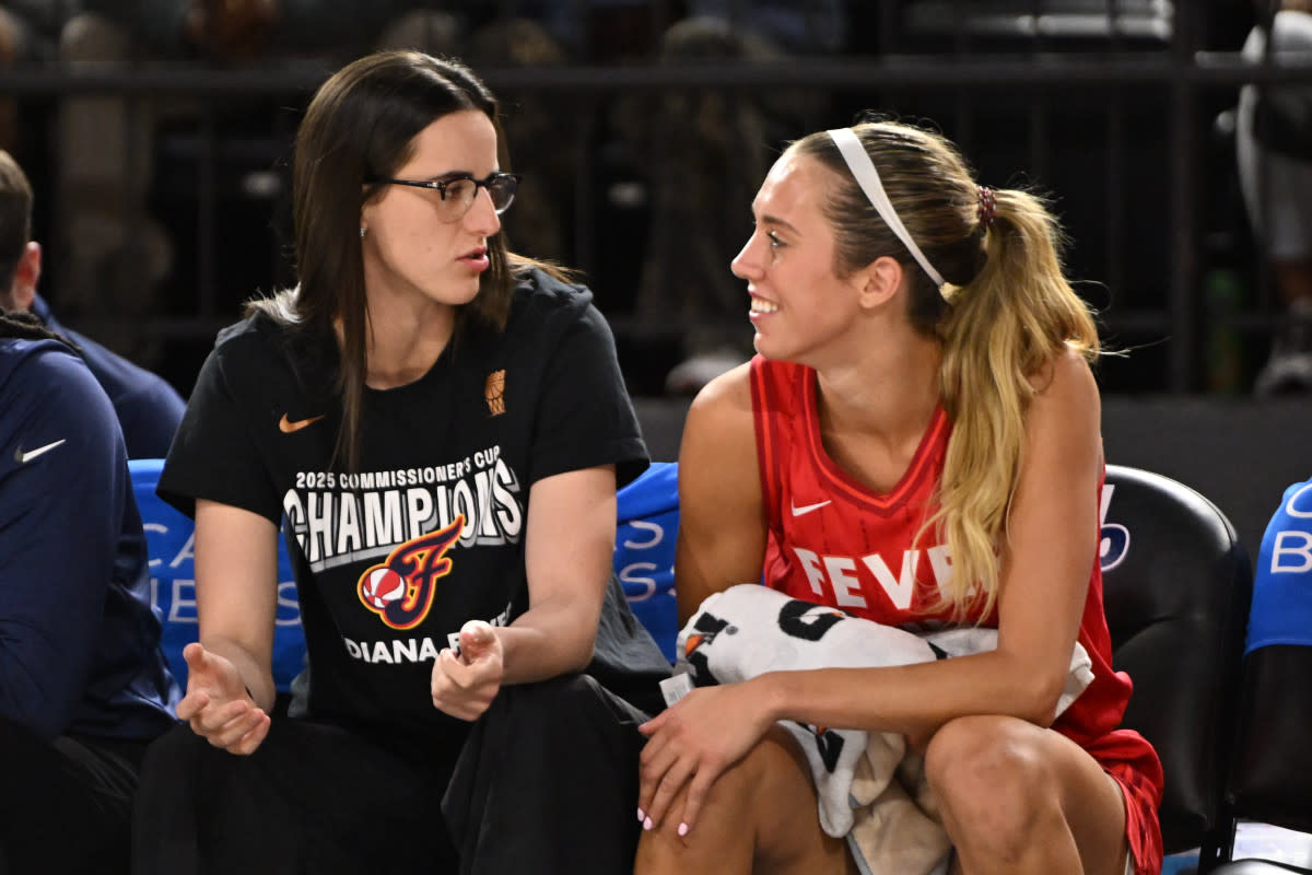 Indiana Fever teammates Caitlin Clark and Lexie Hull share a moment.Rafael Suanes-Imagn Images