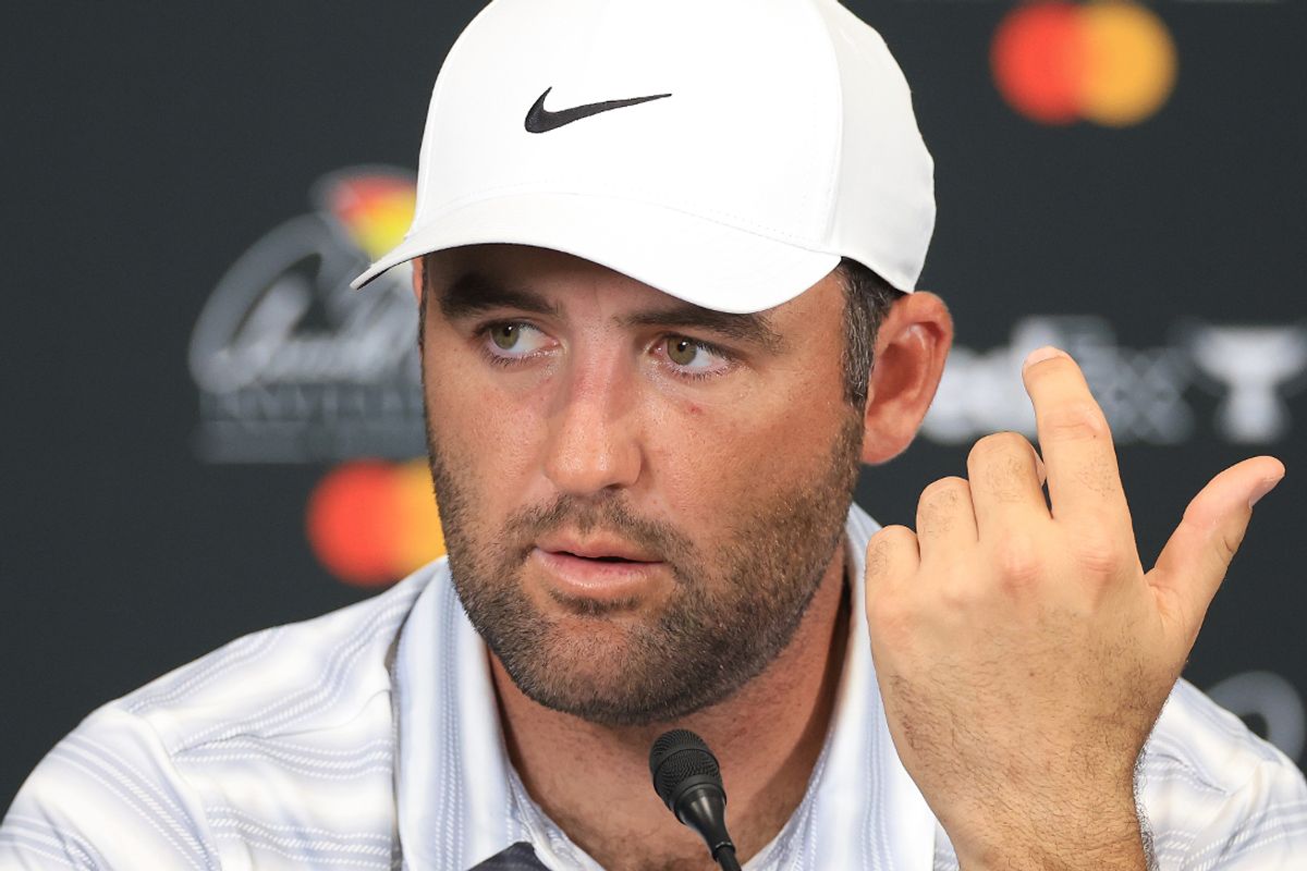 Scottie Scheffler speaks to the media during his pre-tournament press conference after playing in the pro-am prior to the Arnold Palmer Invitational