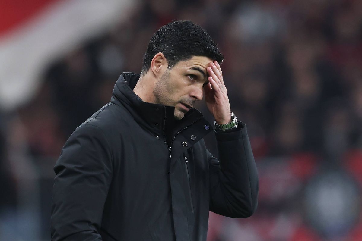 Mikel Arteta, Manager of Arsenal, reacts during the UEFA Champions League 2025/26 Round of 16 First Leg match between Bayer 04 Leverkusen and Arsenal FC at BayArena on March 11, 2026 in Leverkusen, Germany.