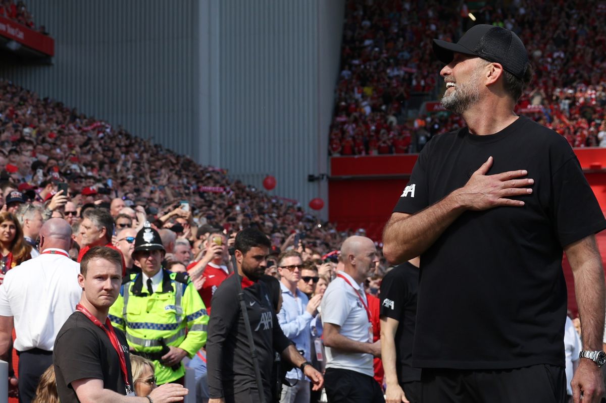 Jurgen Klopp, Manager of Liverpool, shows appreciation to the fans prior to the Premier League match between Liverpool FC and Wolverhampton Wanderers at Anfield on May 19, 2024 in Liverpool, England.