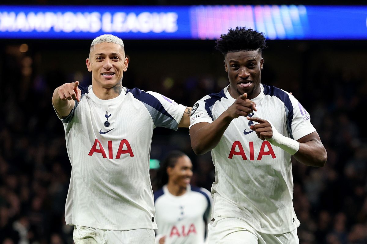 Mohammed Kudus of Tottenham Hotspur celebrates scoring his team's second goal with teammate Richarlison during the UEFA Champions League 2025/26 League Phase MD6 match between Tottenham Hotspur and SK Slavia Praha at Tottenham Hotspur Stadium on December 09, 2025 in London, England