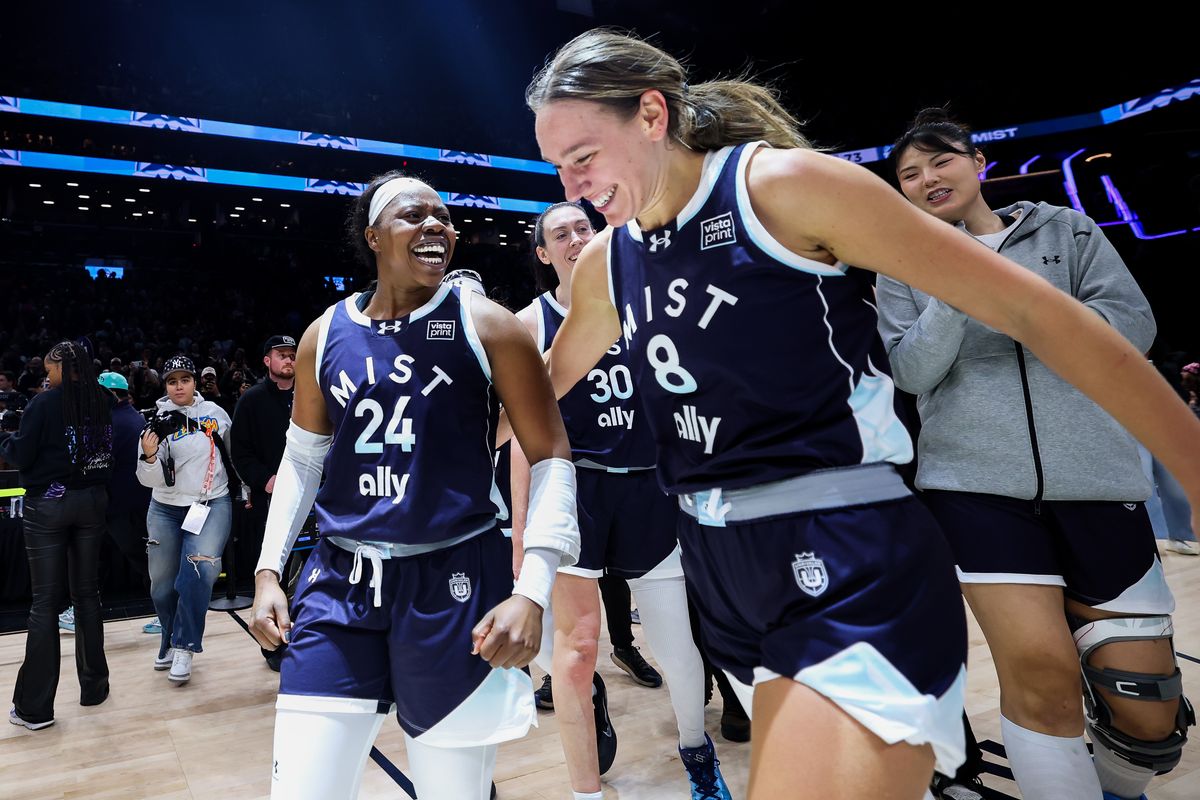 Arike Ogunbowale #24 of the Mist celebrates hitting a game-winning, three-point basket against the Breeze at Barclays Center on March 02, 2026, in New York City.