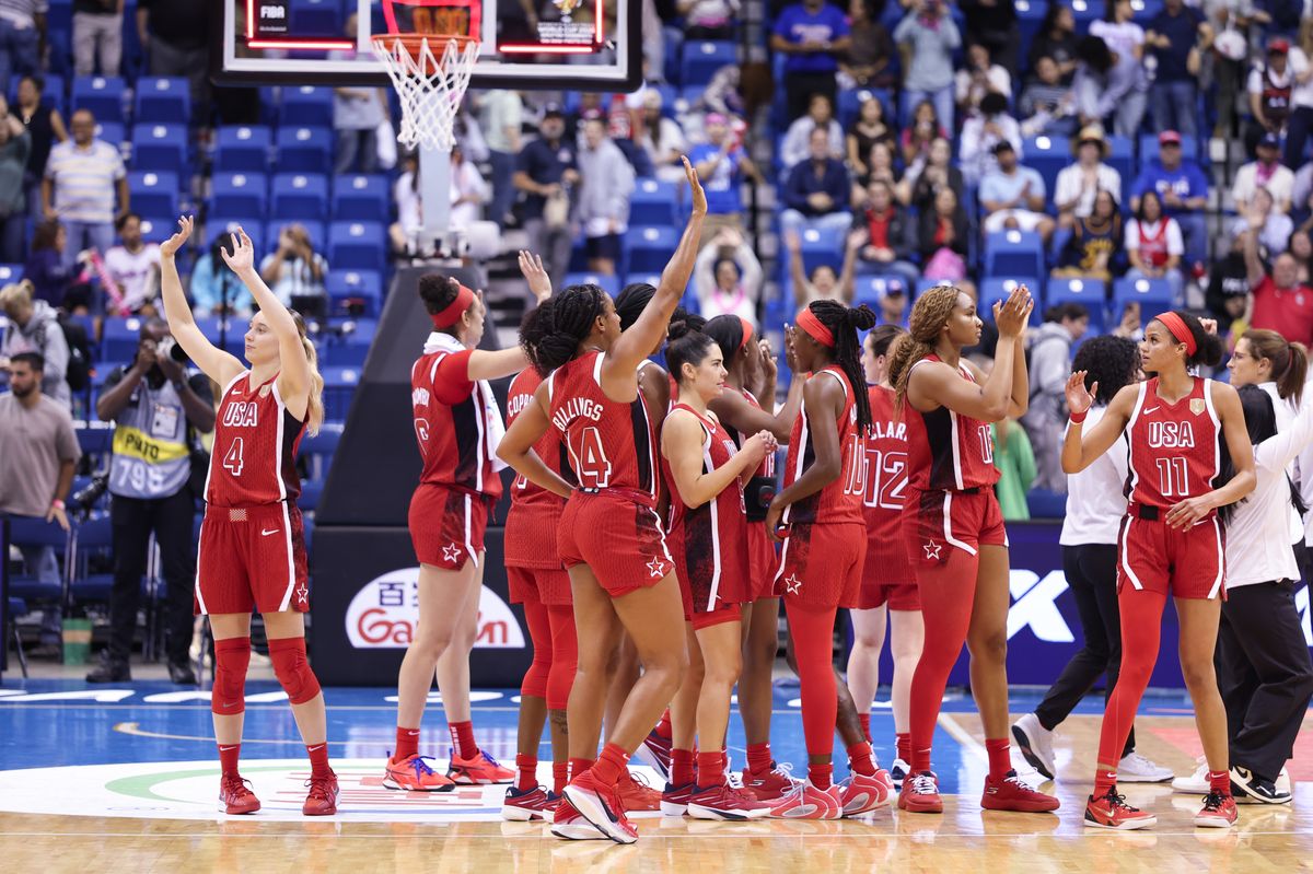 Team USA Women's National Team players wave to the audience after defeating Puerto Rico during the 2026 FIBA World Cup Qualifying Tournament