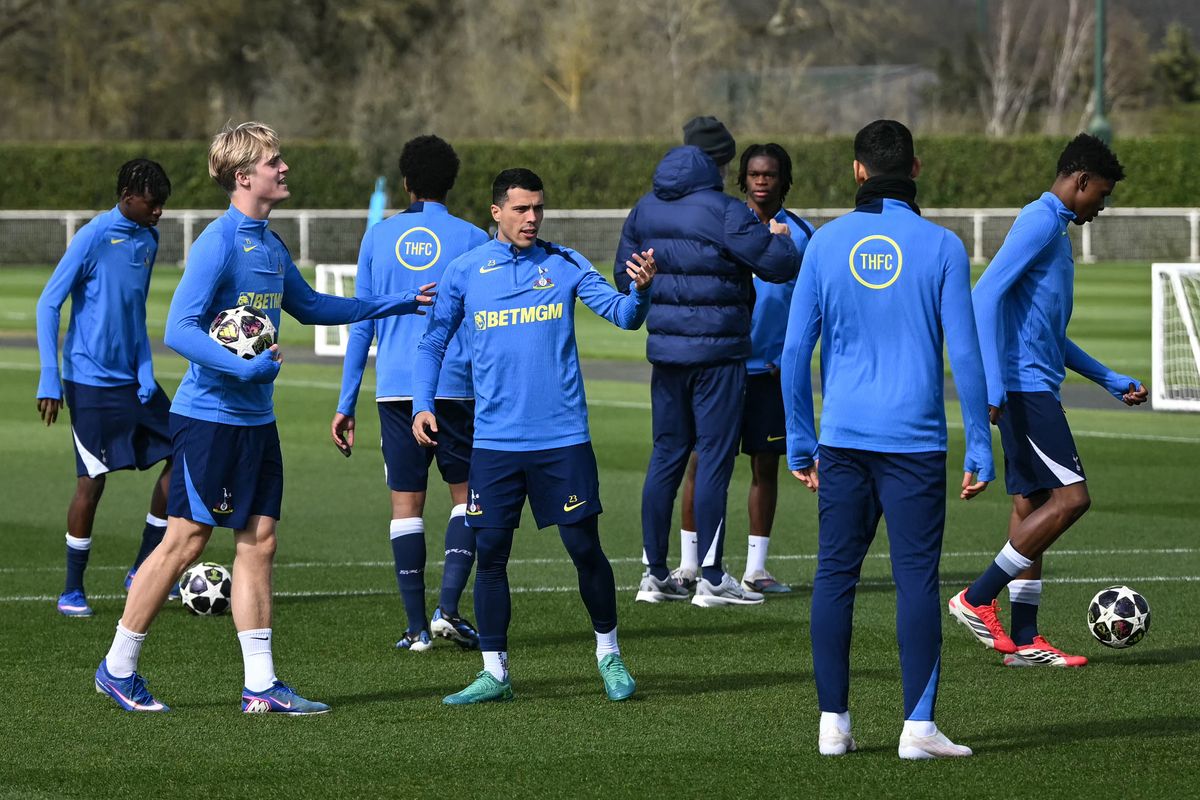 Lucas Bergvall and Pedro Porro in training at Hotspur Way ahead of Tottenham's Champions League last 16 match against Atletico Madrid