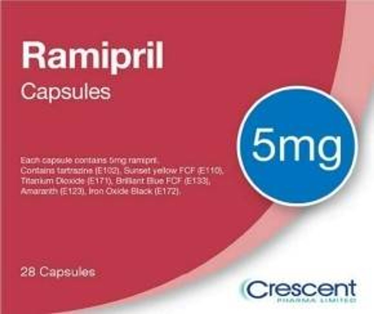 An image displays a pharmaceutical product with a red background, prominently featuring the text "Ramipril Capsules" and a blue circular label that reads "5mg." Additional textual information and logos are present on the packaging.