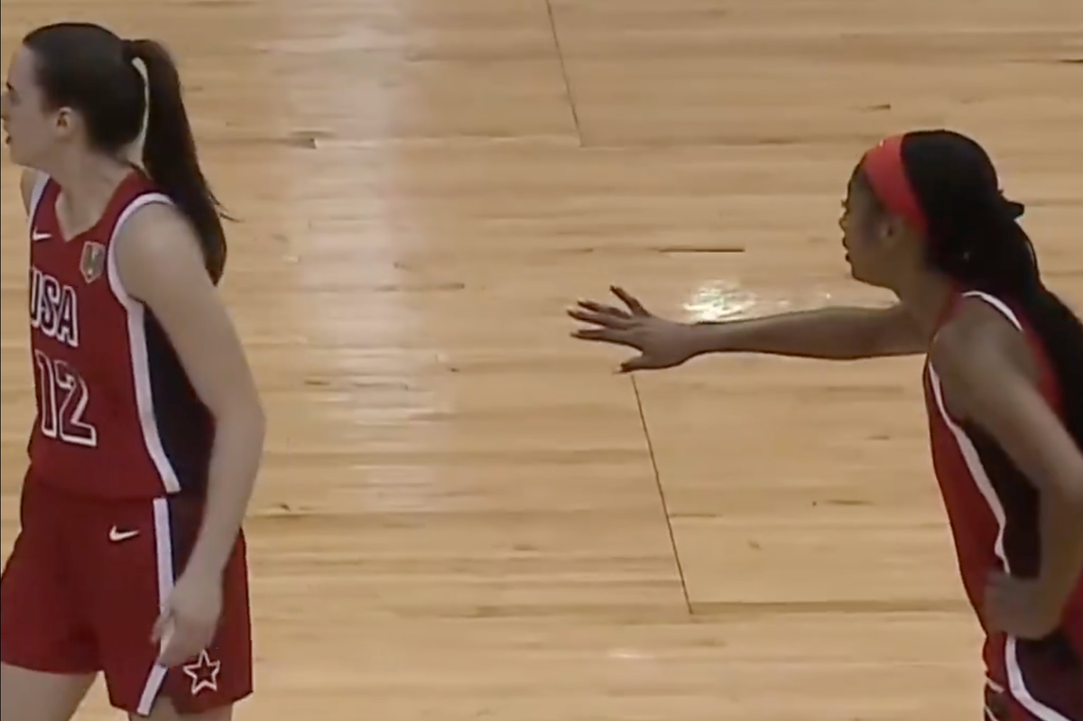 Caitlin Clark seemingly dismisses Angel Reese during a substitution moment against Senegal 