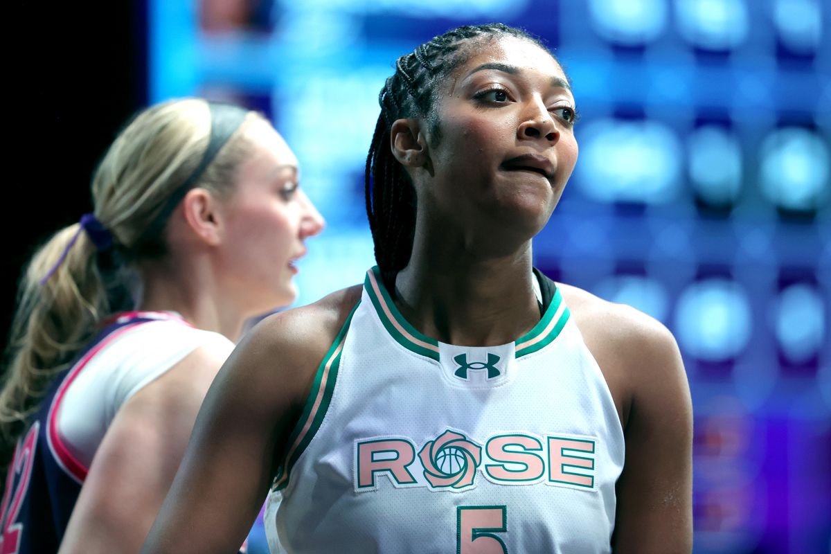 Angel Reese #5 of the Rose looks on against the Breeze during the third quarter of the Playoffs First Round game of the Unrivaled 2026 at Sephora Arena on February 28, 2026 in Medley, Florida