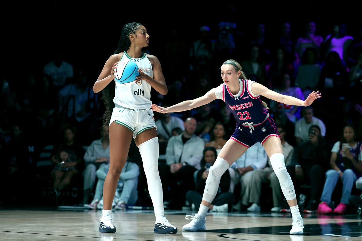 Cameron Brink #22 of the Breeze defends against Angel Reese #5 of the Rose during the third quarter of the Playoffs First Round game of the Unrivaled 2026 at Sephora Arena on February 28, 2026 in Medley, Florida
