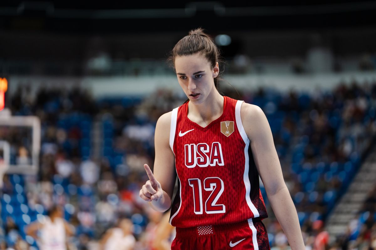 Caitlin Clark of USA points her finger during a Women's World Cup 2026 Qualifier
