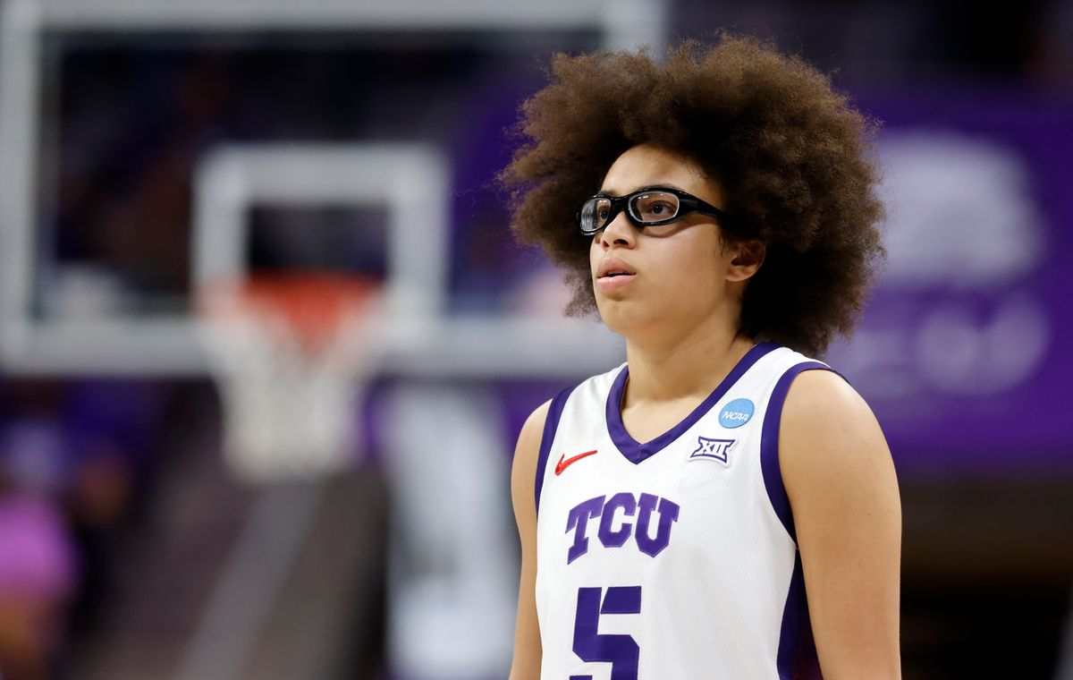 Olivia Miles #5 of the TCU Horned Frogs looks on against the Washington Huskies in the Second Round of the NCAA Women's Basketball Tournament on March 22, 2026 at Schollmaier Arena in Fort Worth, Texas